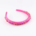 Detailed view of fuchsia satin headband with rhinestones and ruby-red jewels - Peach Red Satin Jeweled Style (G)