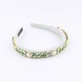 Detail of handmade light green crystal and faux pearl embellishments on a satin headband - Light Gray Pearl Green Crystal Style (F)
