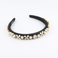 Detailed close-up of handmade baroque fabric headband with pearls and rhinestones - Black (D)