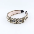 Detail of knitted headband with gold floral filigree, white pearls and sparkling rhinestones - Black White Rhinestone Beige Woven (B)
