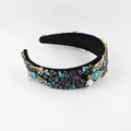 Detail of blue velvet headband with marquise crystals and golden bird pearl charm - Blue Style (B)