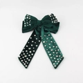 Detail of dark green velvet bow hair clip with white pearls and sparkling rhinestones - Dark Green