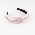 Pink satin headband with crystal butterflies and rhinestone flowers on white background - Pink