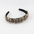 Elegant Baroque style headband with colorful crystal rhinestones on a wide black band - Rainbow Multi-color Floral Style (D)