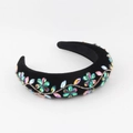 Sparkling crystal padded velvet headband with colorful rhinestone floral patterns - Style A (Black Multicolored Flowers)