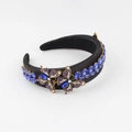 Diadema de estilo barroco con cristales azules y detalles de mariposas doradas sobre satén - Estilo Mariposa de Strass Azul (D)