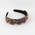 Detailed macro view of colorful rhinestones on a wide baroque floral headband - Purple Green Gold Floral Style (B)