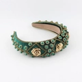 Baroque dark green velvet headband with gold roses and pearls on a white background - Dark Green