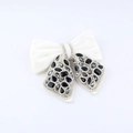 Detail of elegant black and white bow hair claw clip with rhinestones and pearl trim - Retro Black Grey Gem White Satin Style (E)