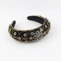 Retro Baroque velvet headband featuring gold wire inlay and sparkling crystal rhinestones - Black Gold Style (B)