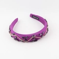 Baroque purple satin headband with crystal flower pattern and golden rhinestone chain - Purple