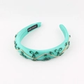 Vintage baroque headband with green crystals, gold chain, and teal sponge fabric - Lake Green
