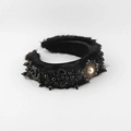 Detail of black faux mink sponge headband with crystal flowers and vintage faux pearl - Black With Black Gems And Pearl (A) / Black
