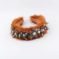Detail of luxury padded mink fur headband with colorful rhinestones and pearls decoration - Brown With Colorful Gems And Pearl (B) / Brown