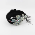 Diadema de lujo en piel de visón negra con flores de cristal y flecos plateados - Negro Piel Sintética Strass Con Borla / Negro
