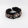 Detail view of a luxury padded mink fur headband with floral rhinestones and pearls - Black With Colorful Gems And Pearl (C) / Black