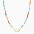 Bohemian handmade beaded necklace with colorful glass discs and gold oval paperclip clasp - Necklace