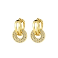 Macro detail of 14K gold plated earrings with sparkling zircon round pendant and ear cuff - Gold