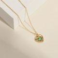 Gold heart pendant necklace with green cat-eye stone and small white zircon accents - 14k / Green
