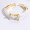 Detail of 14K gold plated ring with white enamel and rectangular zircon center stone - Adjustable Open / White