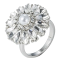 Detailed macro view of silver flower ring with white pearl and crystal petals - Marquise Artificial Pearl Flower Silver Tone