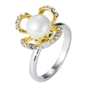 Detailed view of pearl flower ring with golden diamond-set petals and silver band - Artificial Pearl Four-Leaf Flower Gold Tone