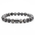Detailed view of 8mm dark grey natural stone beads and metal spacer bead on a bracelet - Labradorite