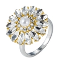 Rotating snowflake ring with a white pearl center and sparkling crystals in gold finish - Adjustable Open / Marquise Pearl Flower Style / Marquise Artificial Pearl Flower Gold Tone