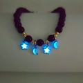 Luminous beaded bracelet with deep purple beads and glowing blue star-moon pendants - Star Moon Blue Glow