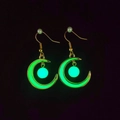 Luminous crescent moon and star drop earrings with glowing green bead in gold finish - Moon 1 Gold Green Luminous
