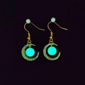 Luminous crescent moon hook earrings in gold finish with green glow bead and white pearl - Moon Pave Rhinestone Style / Moon 2 Gold Green Luminous