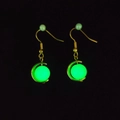 Luminous moon earrings in golden finish with glowing green bead and white pearl accent - Crescent Bead Wrap Style / Moon 3 Gold Green Luminous