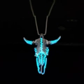 Luminous bull skull pendant necklace with blue glow in the dark effect on black background - Blue Light