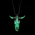 Luminous bull skull necklace with green glow feature and silver finish on bead chain - Green Light