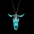Luminous bull skull necklace with blue glow in the dark punk style jewelry for men - Stainless Steel Cyan-Green Glow