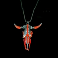 Gothic bull skull pendant necklace in silver with red enamel glow-in-the-dark detail - Stainless Steel Orange-Red Glow