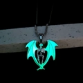 Luminous skull and bat wing necklace glowing green in dark for men's gothic style - Green