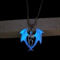 Gothic luminous skull necklace with glowing blue bat wings and silver box chain - Blue