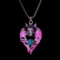 Luminous wolf head pendant necklace with pink accents and turquoise stone inlay - Purple-Red Glow