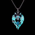 Macro detail of a glowing wolf head pendant with luminous stones and silver alloy metal - Cyan Glow