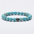 Light blue marble stone beaded bracelet with 8mm rounds and a dark metallic cylinder bead - Navy Shoushan Stone