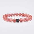 Pink translucent beaded bracelet with strawberry crystal and grey cylindrical metal bead - Watermelon red