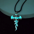 Gothic skull cross pendant with glowing wings on black woven rope necklace - Leather Cord Cyan Green Light
