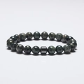 Green Kambaba Jasper 8mm beaded bracelet with a black cylindrical metal spacer bead - Black Line Green Stone