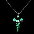 Gothic skull necklace with bat wings and green luminous glowing eyes in silver finish - Cross Chain Green Light