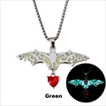 Gothic Halloween bat necklace with green luminous effect and red heart-shaped gemstone - Silver Green Glow