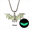 Detail showing the green luminous effect of the bat pendant on a stainless steel chain - Silver Green Glow