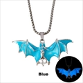 Macro detail of gothic bat necklace showing blue enamel finish and glowing effect in dark - Silver Blue Glow