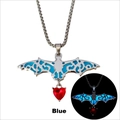 Detailed view of Gothic bat necklace with heart gem and blue luminous glow effect - Silver Blue Glow