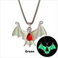 Gothic bat pendant necklace with luminous green wings and a central red rhinestone detail - Silver Green Glow